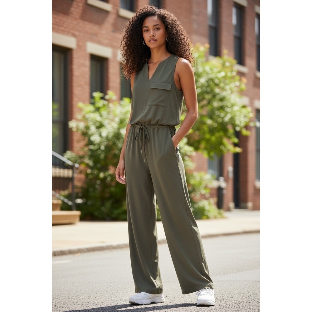 Athleta Topanga Jumpsuit Sz M Mountain Olive Green Wide Leg Drawstring Gorpcore